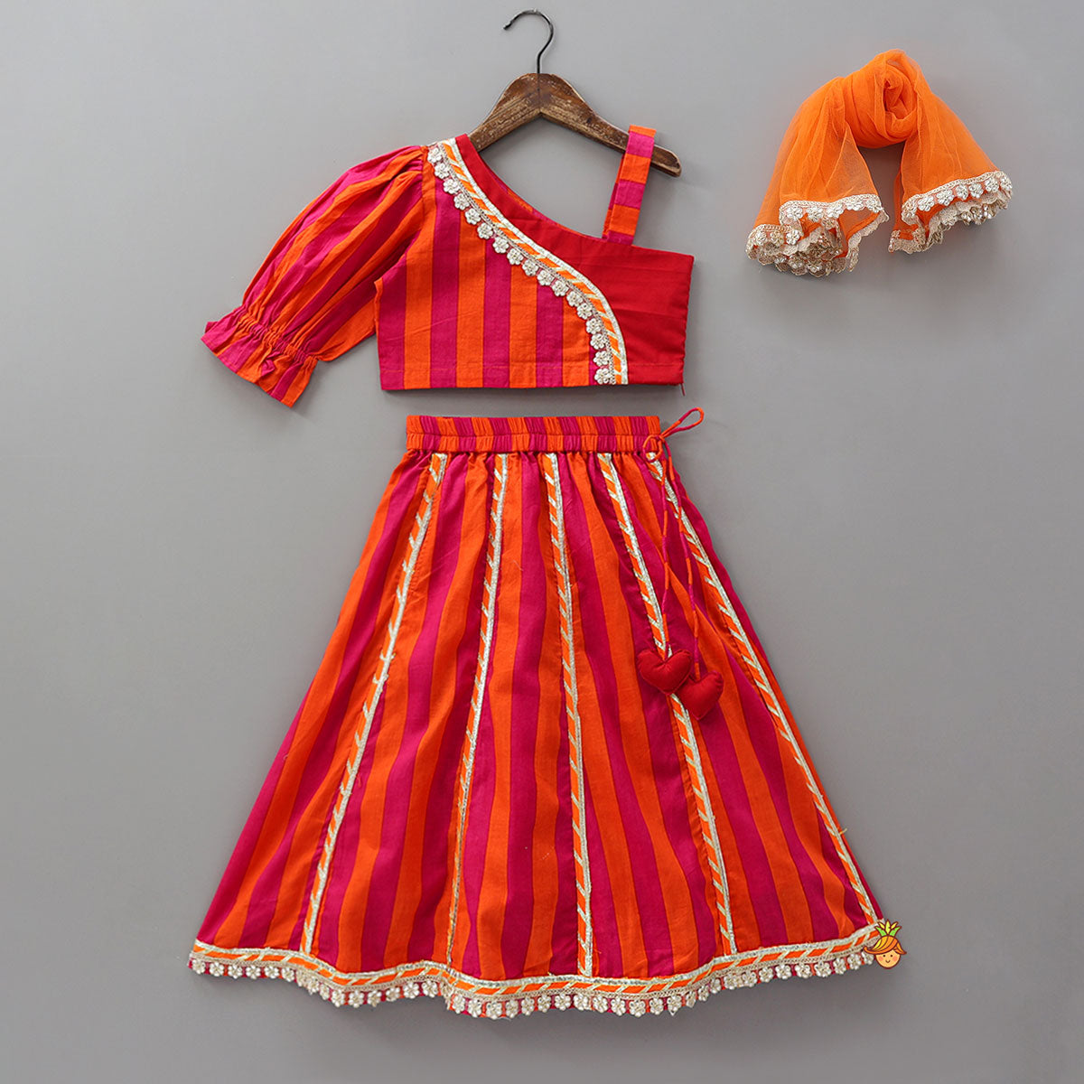 One Shoulder Crop Top And Lace Detailed Lehenga With Dupatta
