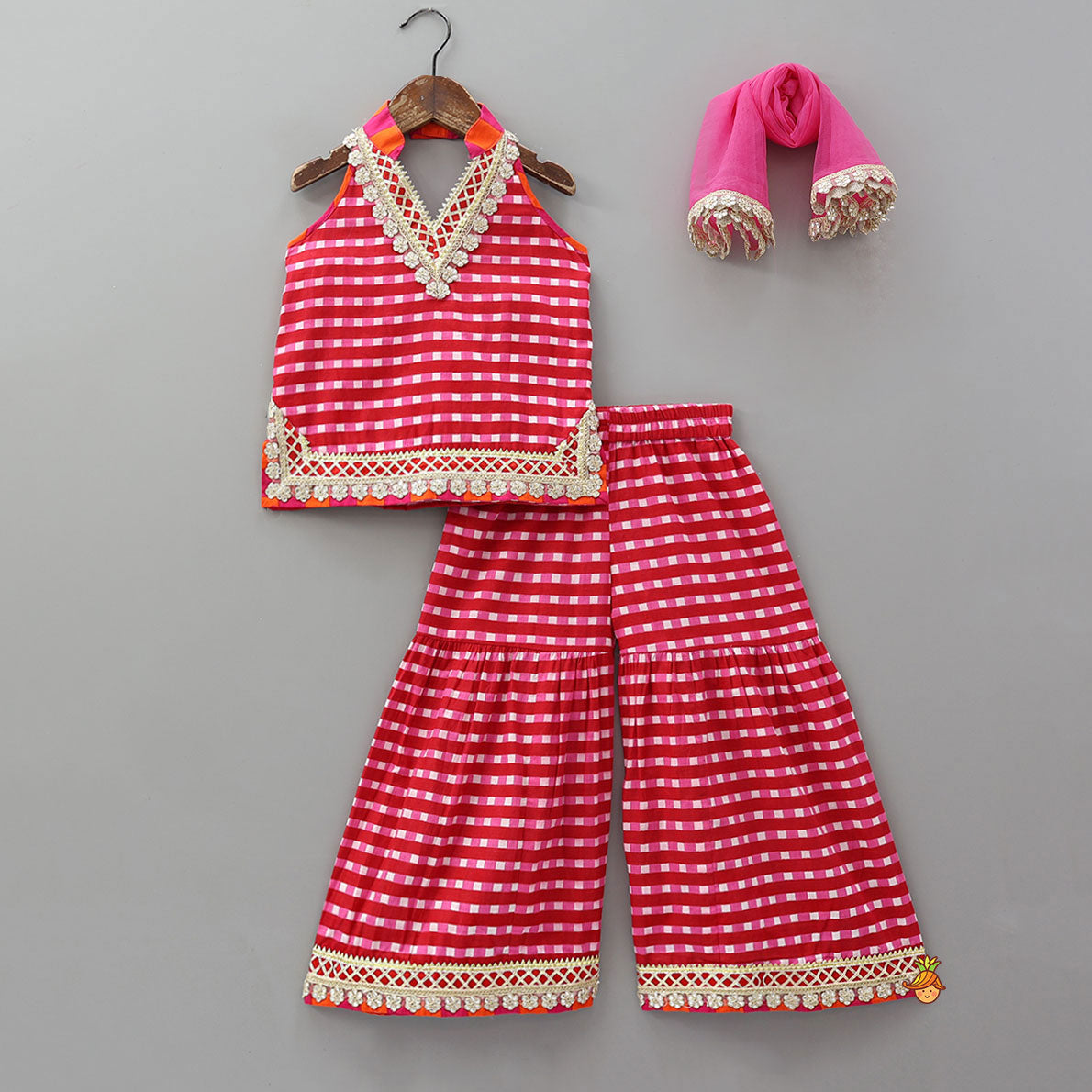 Checkered Lace Detailed Kurti And Flared Palazzo