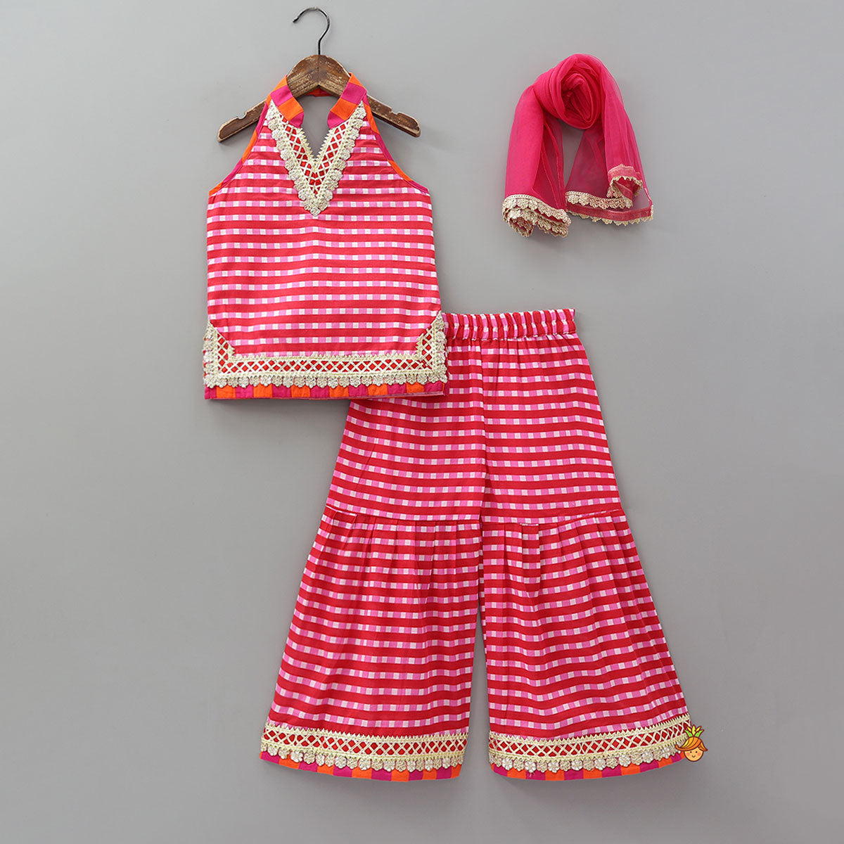 Checkered Lace Detailed Kurti And Flared Sharara With Dupatta