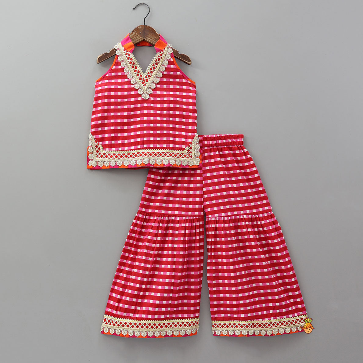 Checkered Lace Detailed Kurti And Flared Palazzo