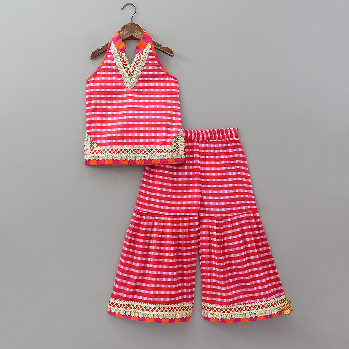 Checkered Lace Detailed Kurti And Flared Sharara With Dupatta