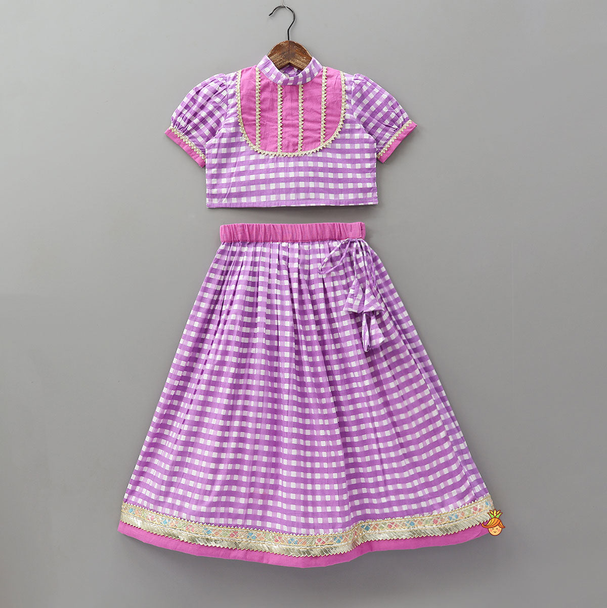 Checkered Top And Lehenga With Sheer Dupatta