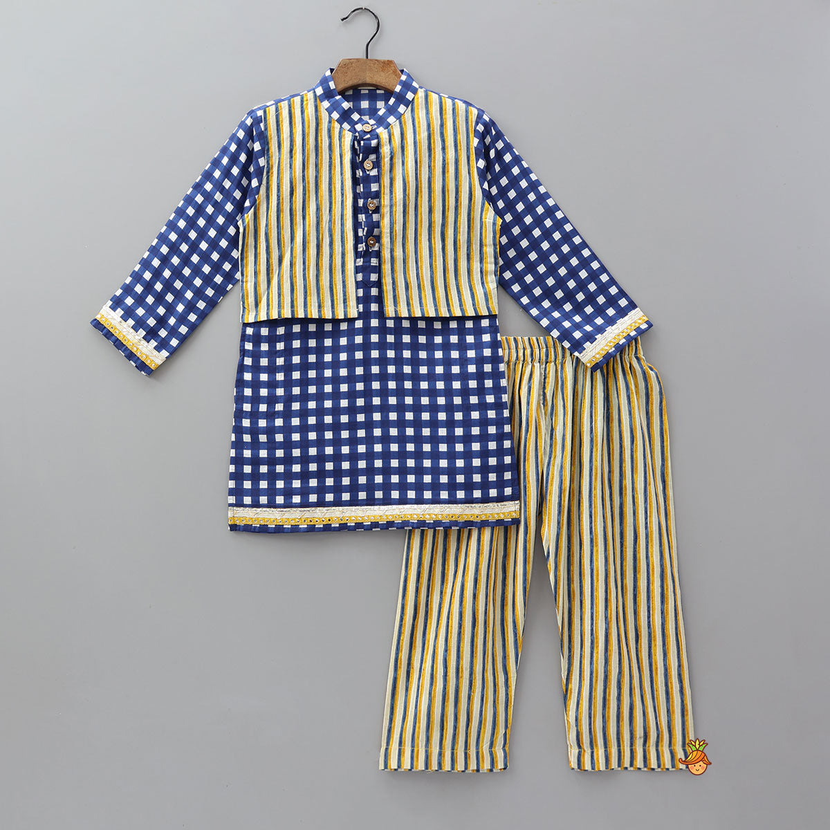 Striped Faux Jacket Style Checked Kurta And Pyjama