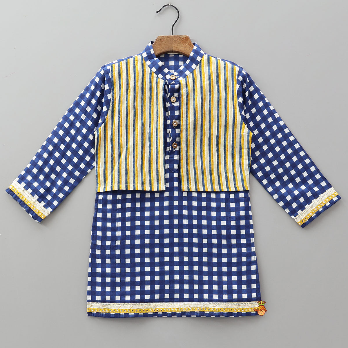 Striped Faux Jacket Style Checked Kurta And Pyjama