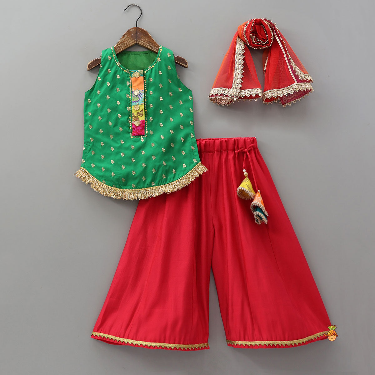Foil Print Kurti With Tassel Detailed Flared Palazzo And Net Dupatta