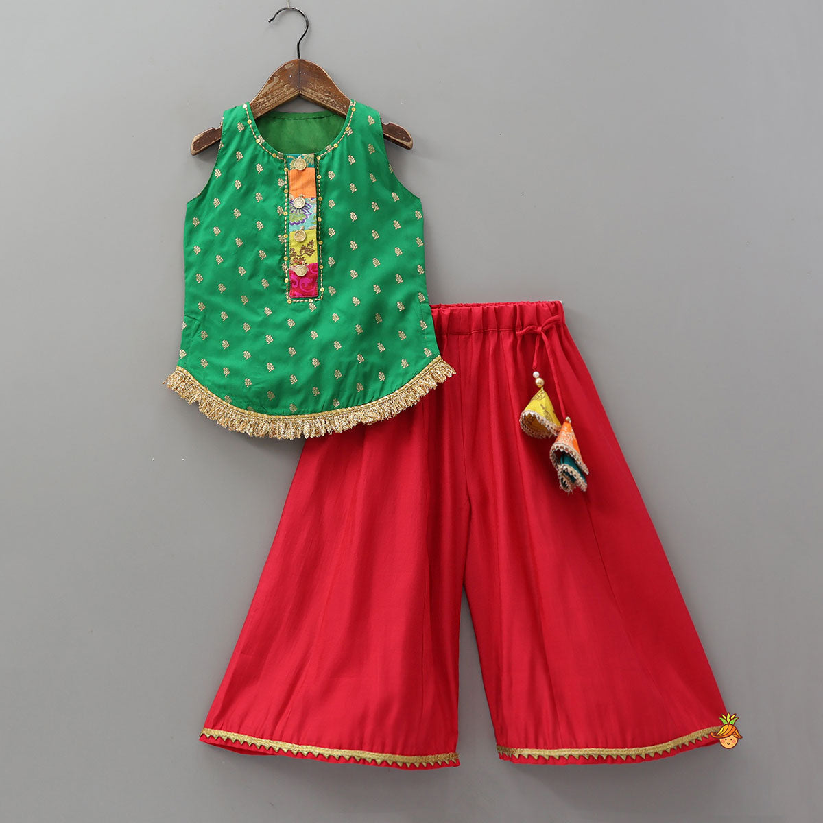 Foil Print Kurti With Tassel Detailed Flared Palazzo And Net Dupatta