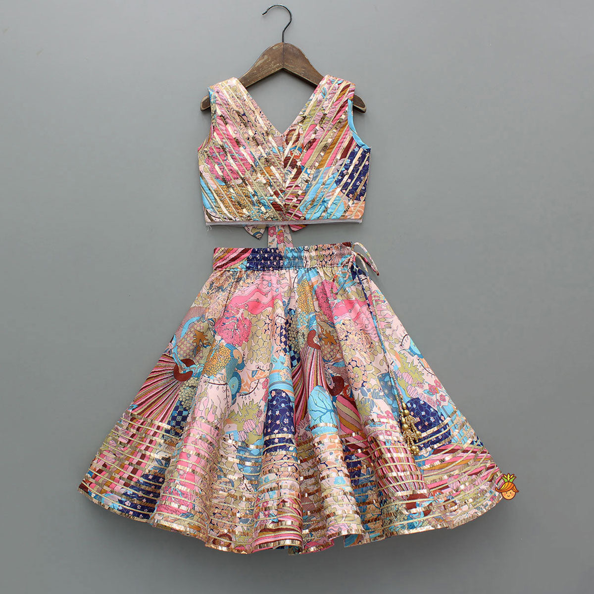 Multicolour Printed Lace Detailing Crop Top And Flared Lehenga