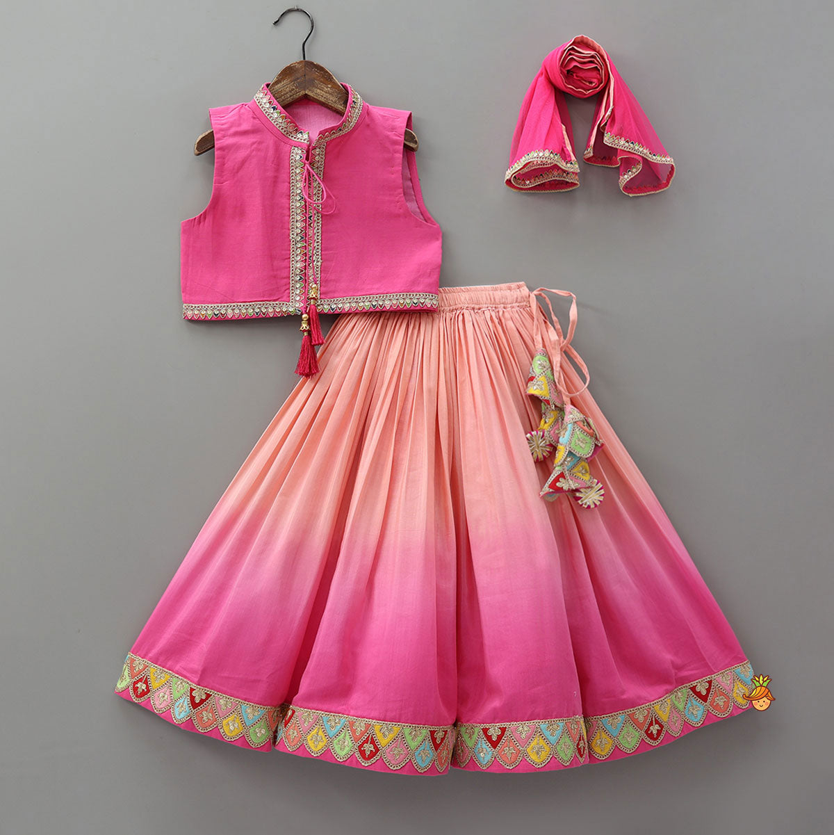 Lace Detailed Top With Ombre Lehenga And Sheer Dupatta