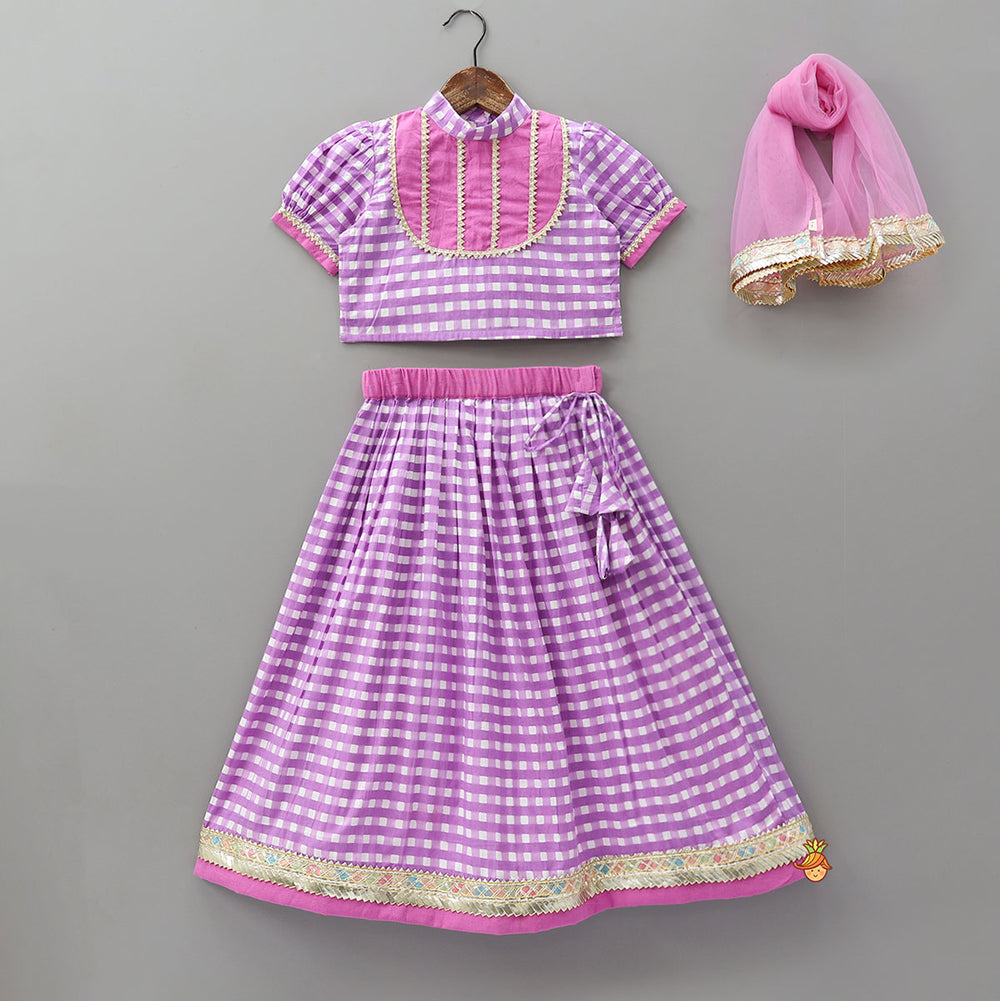 Checkered Top And Lehenga With Sheer Dupatta