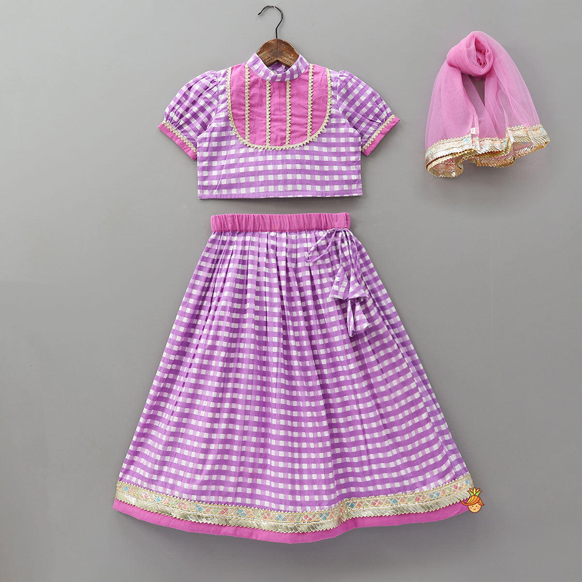 Checkered Top And Lehenga With Sheer Dupatta