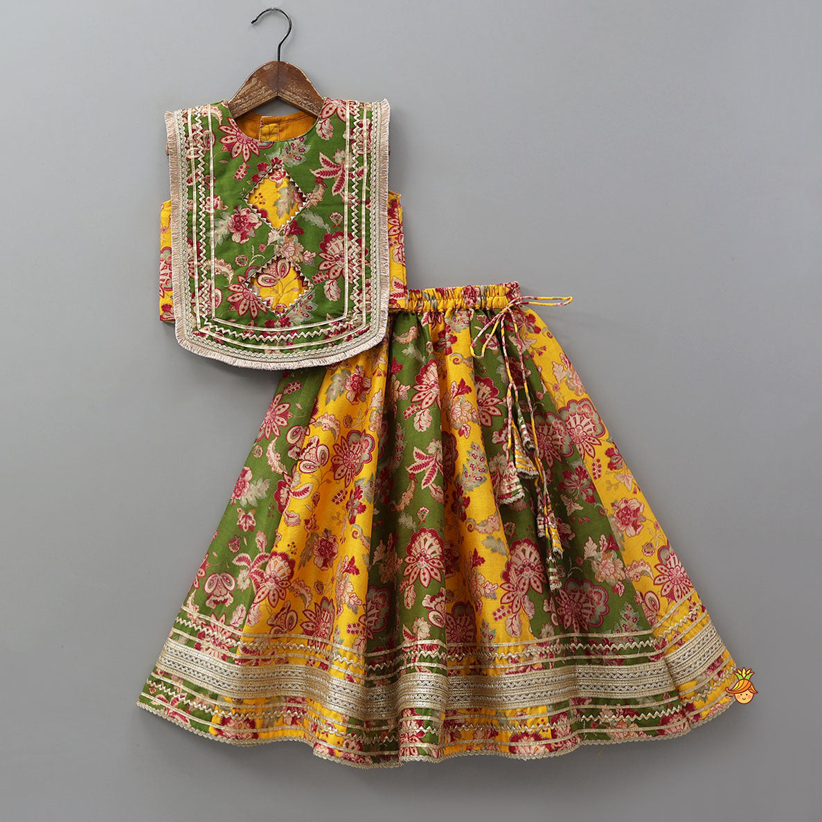 Floral Print Embellished Top With Panelled Flared Lehenga