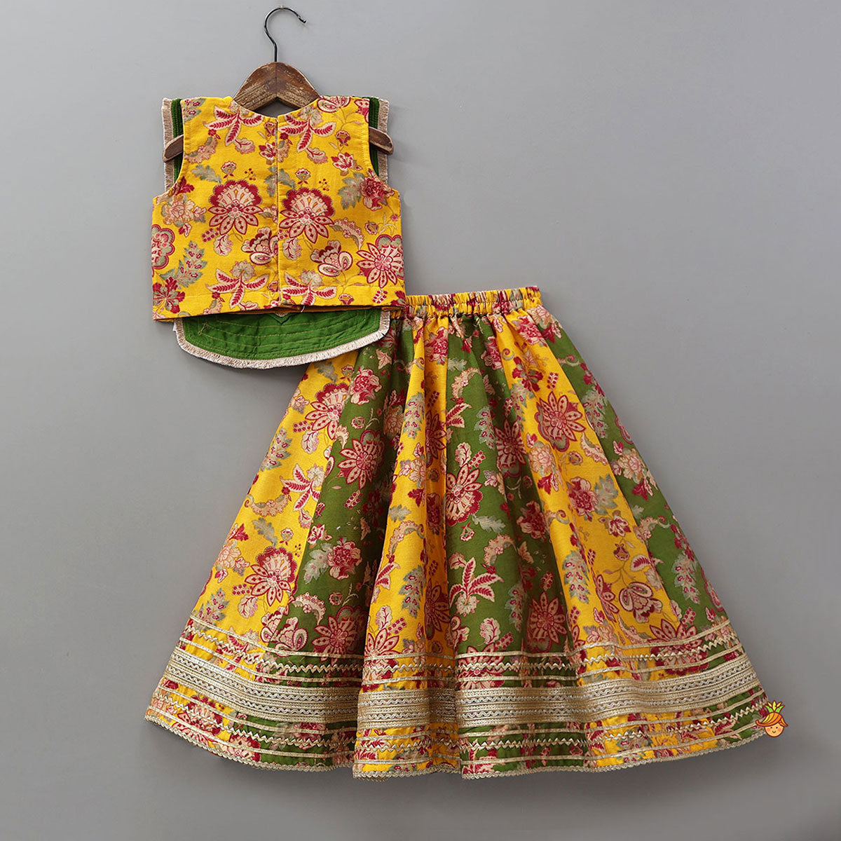 Floral Print Embellished Top With Panelled Flared Lehenga