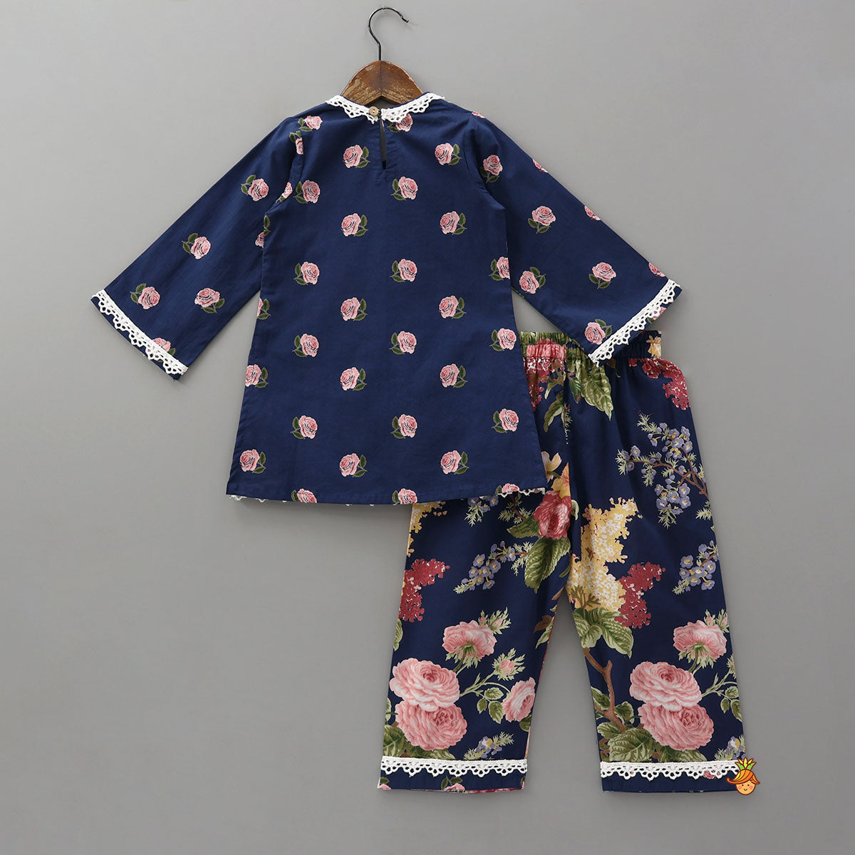 Floral Hand Block Print Lace Detailed Kurti With Pants