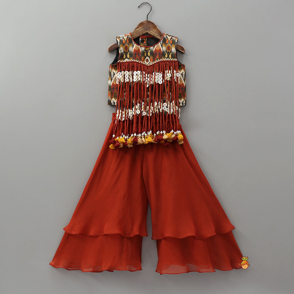 Multiple Hanging Tassel Detail Crop Top And Layered Palazzo