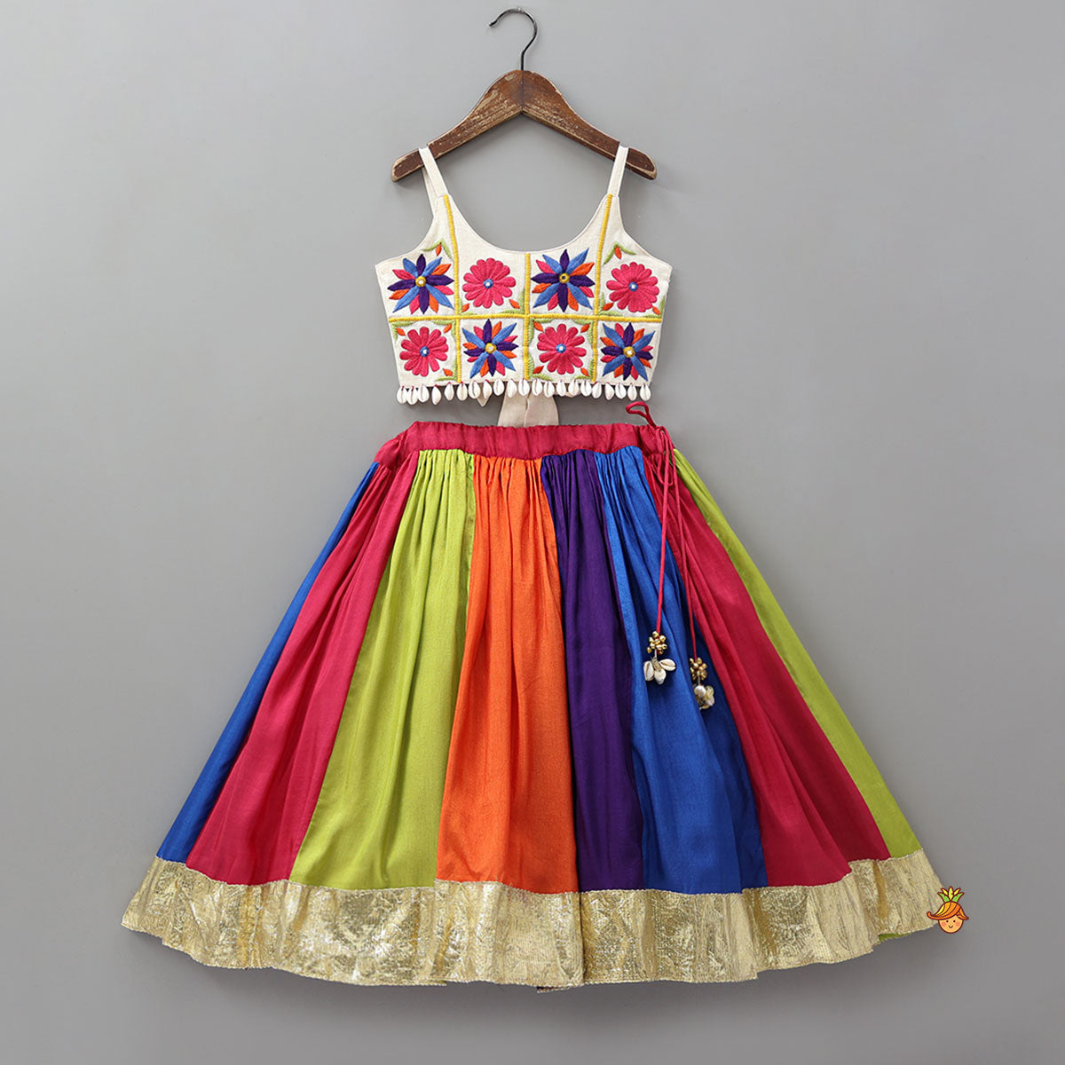 Floral Embroidered Top With Flared Panelled Lehenga And Potli Bag