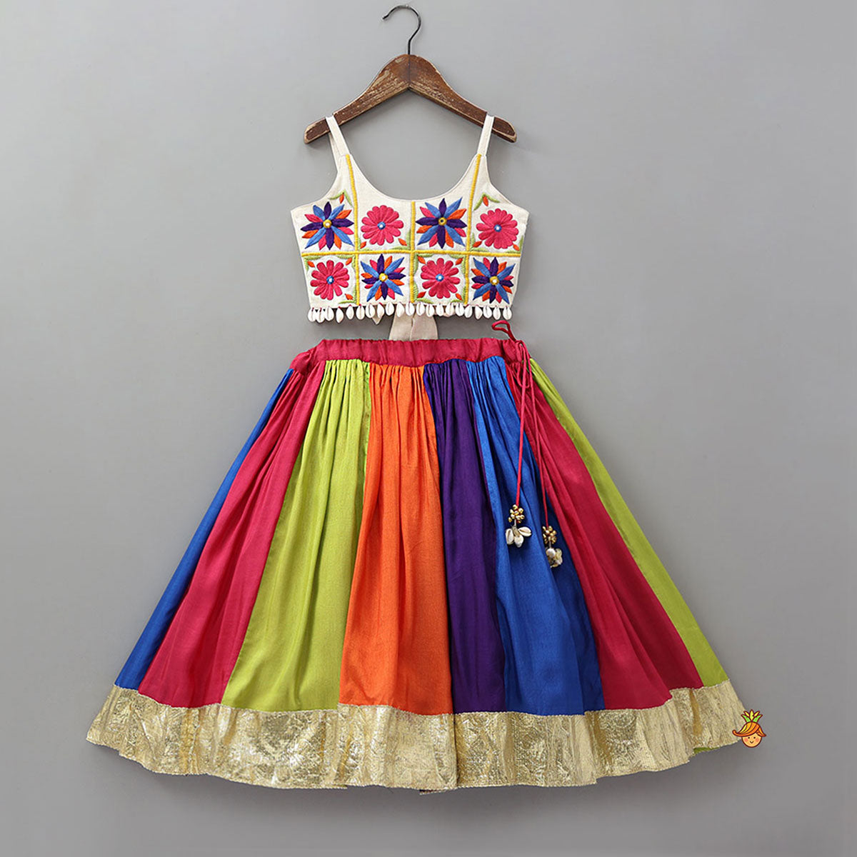 Floral Embroidered Top With Flared Panelled Lehenga And Potli Bag