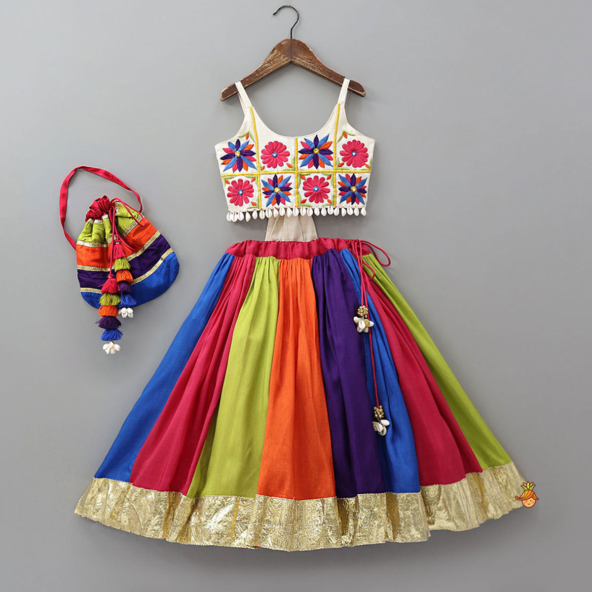 Floral Embroidered Top With Flared Panelled Lehenga And Potli Bag