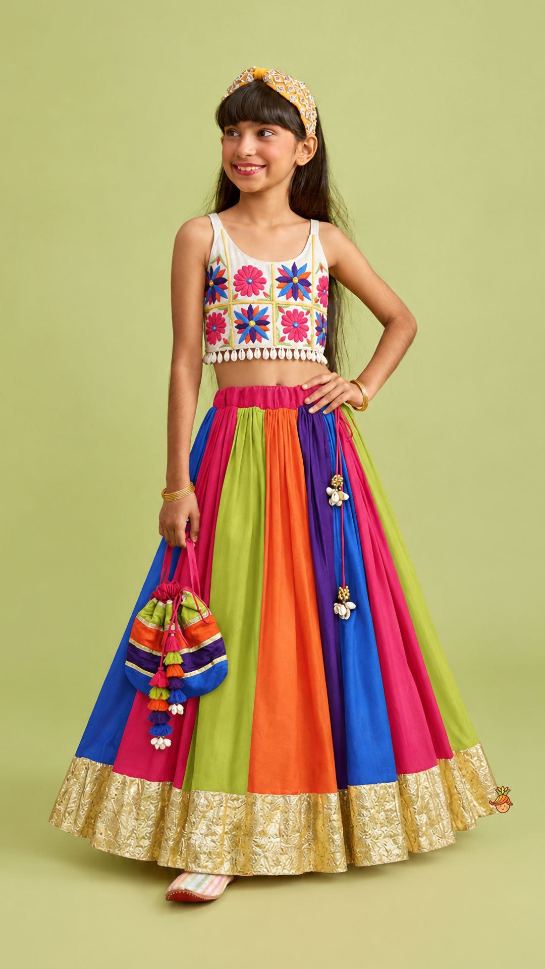 Floral Embroidered Top With Flared Panelled Lehenga And Potli Bag