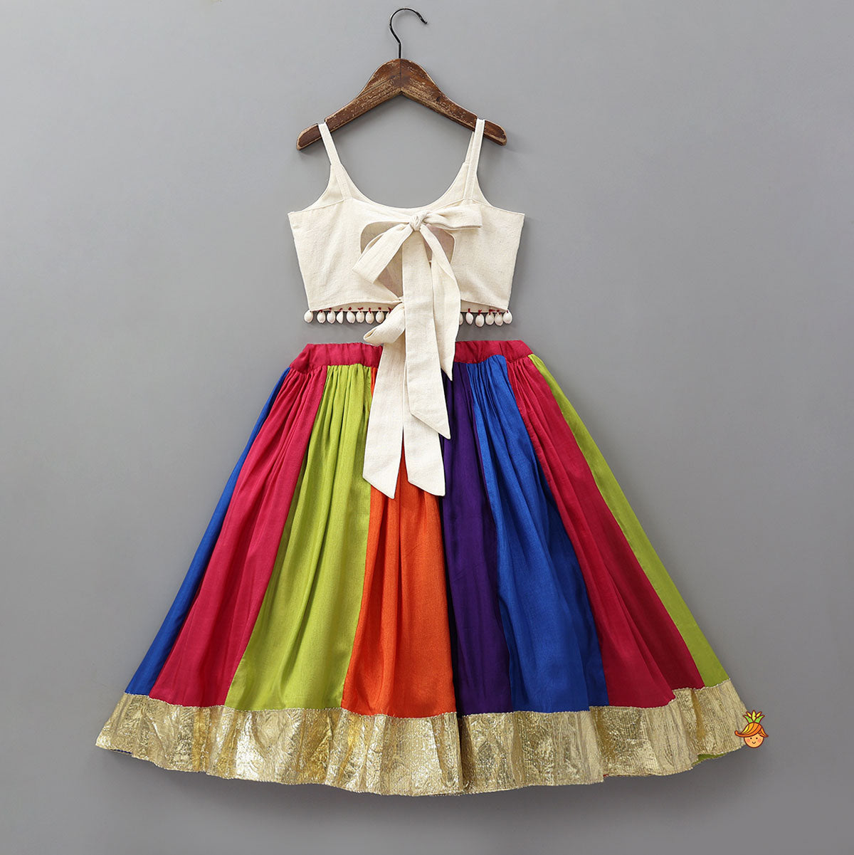 Floral Embroidered Top With Flared Panelled Lehenga And Potli Bag