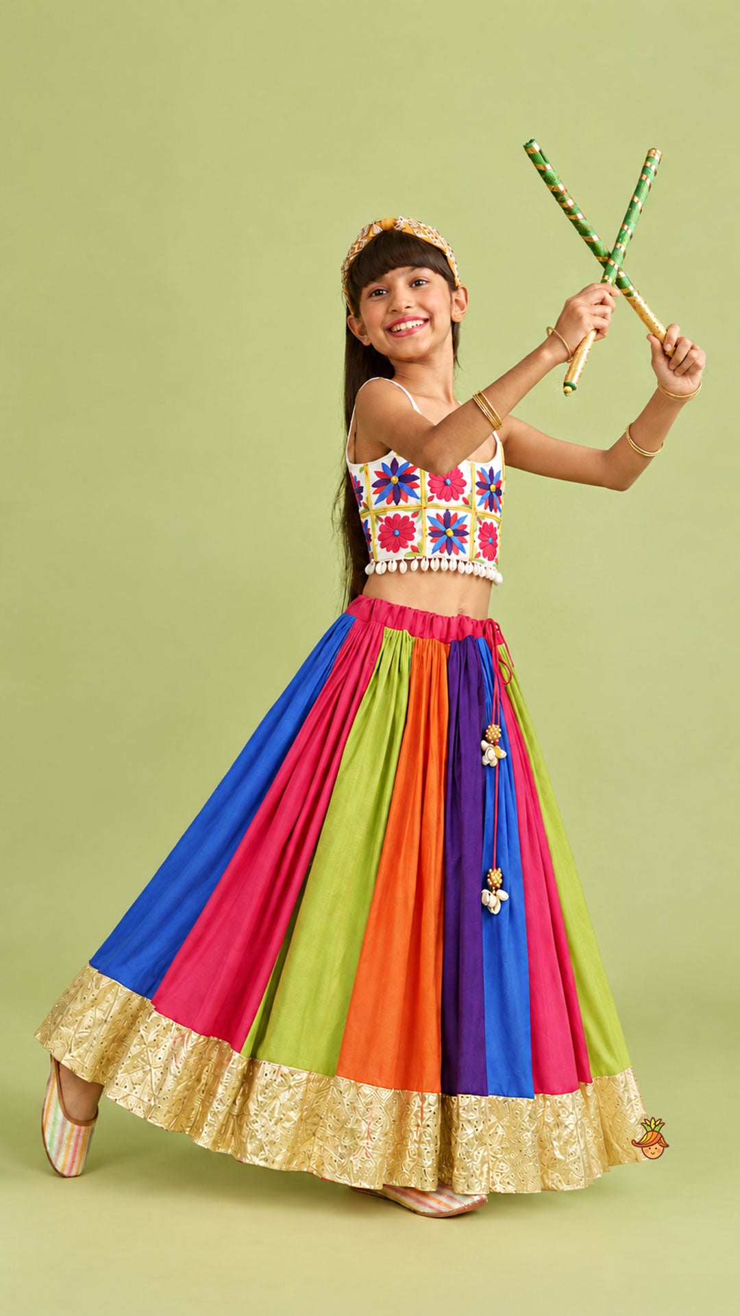 Floral Embroidered Top With Flared Panelled Lehenga And Potli Bag