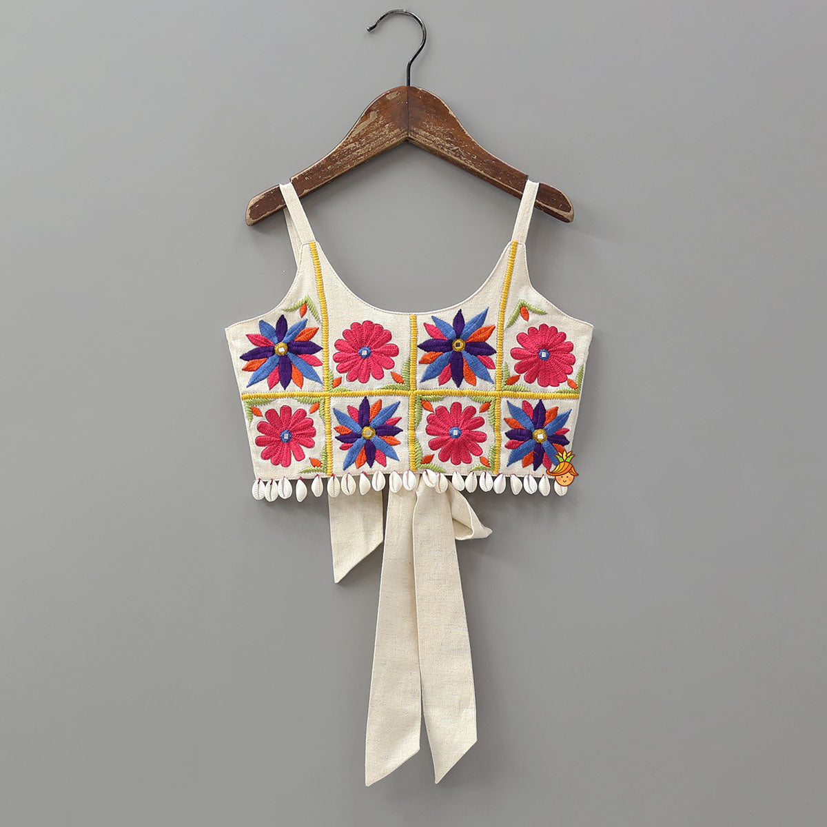 Floral Embroidered Top With Flared Panelled Lehenga And Potli Bag