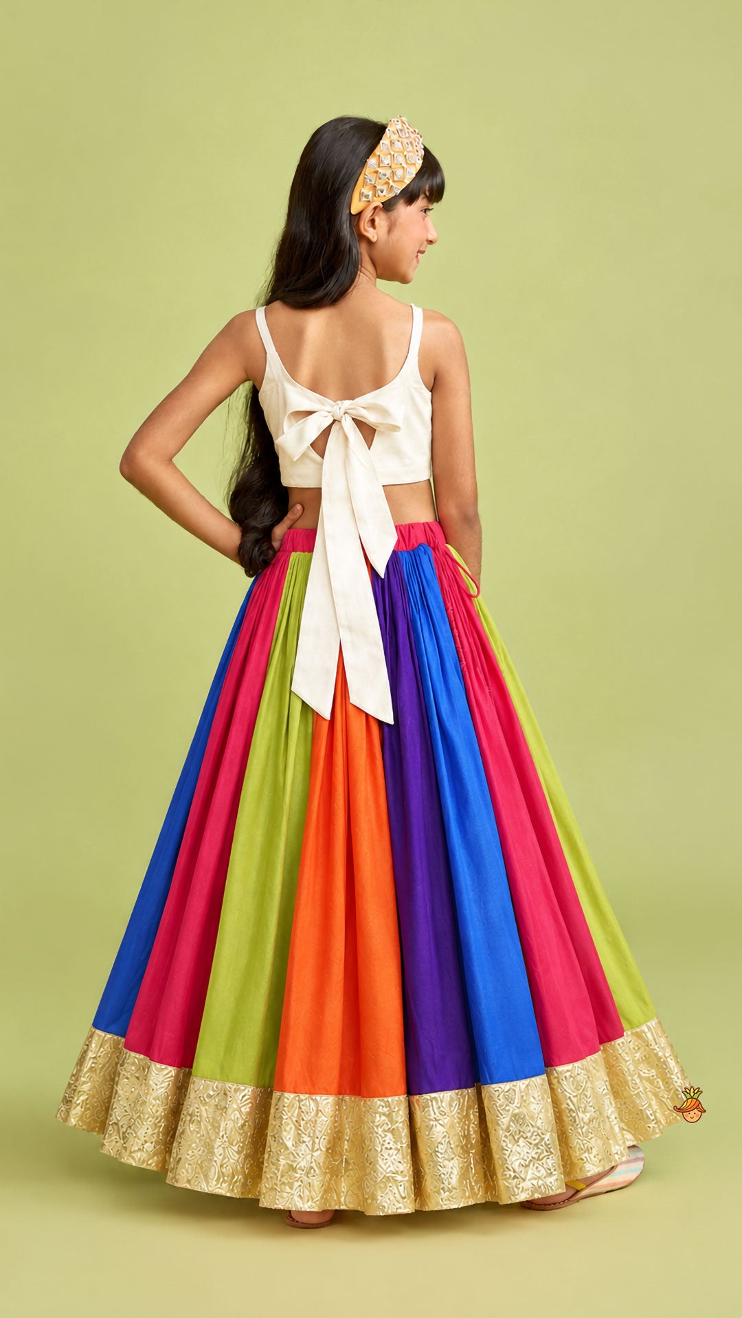 Floral Embroidered Top With Flared Panelled Lehenga And Potli Bag