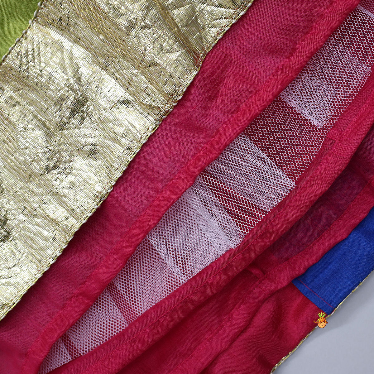 Floral Embroidered Top With Flared Panelled Lehenga And Potli Bag