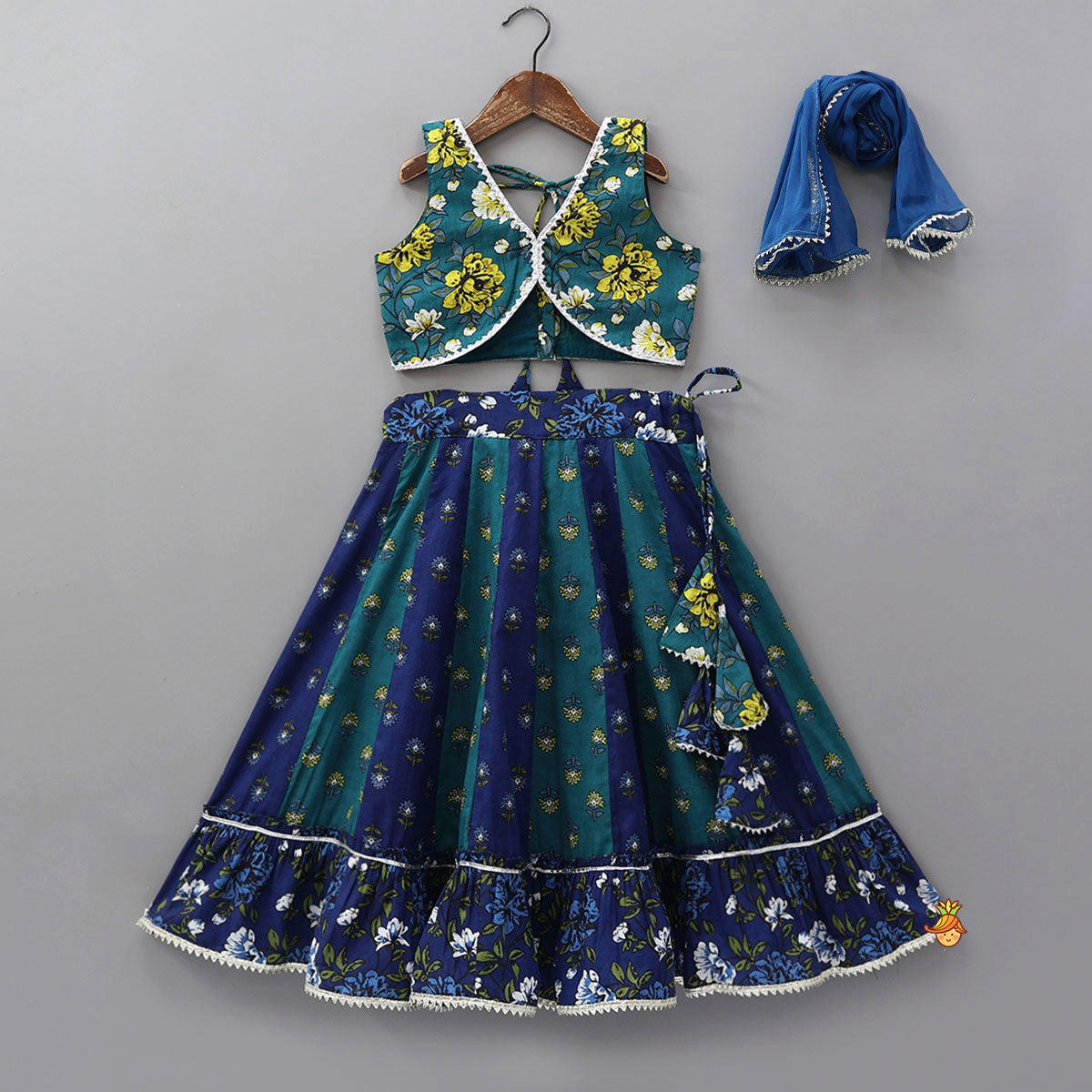 Floral Printed Stylish Top With Panelled Flared Lehenga And Dupatta
