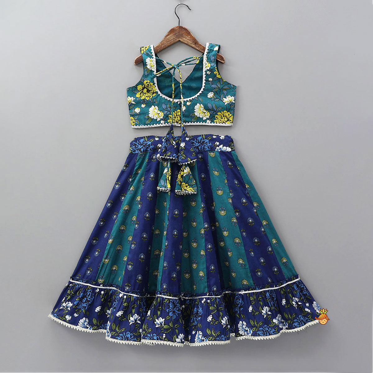 Floral Printed Stylish Top With Panelled Flared Lehenga And Dupatta
