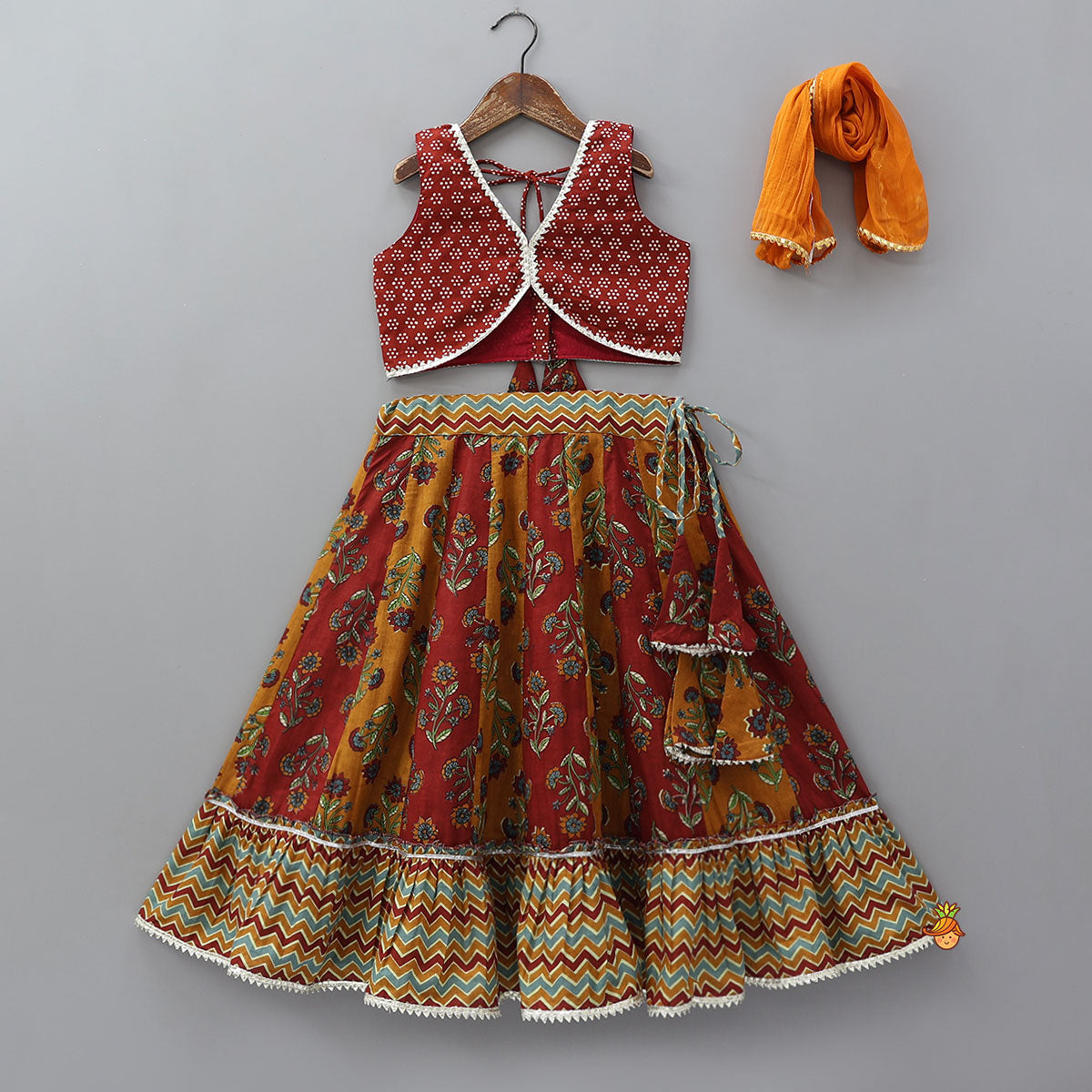 Floral Printed Crop Top With Panelled Flared Lehenga And Dupatta