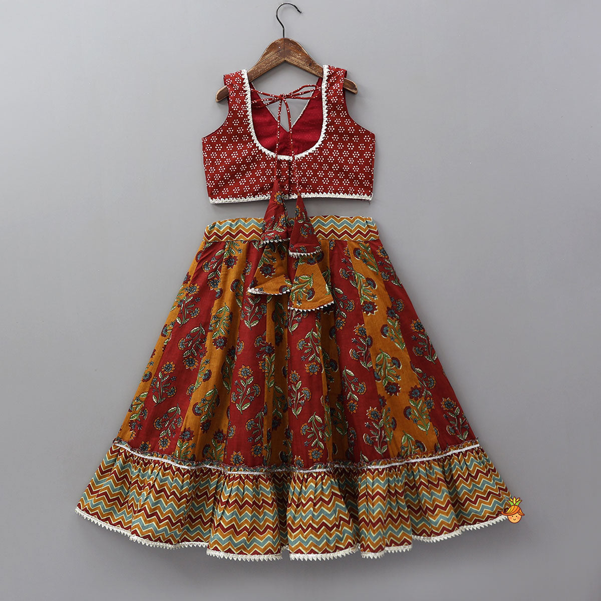 Floral Printed Crop Top With Panelled Flared Lehenga And Dupatta