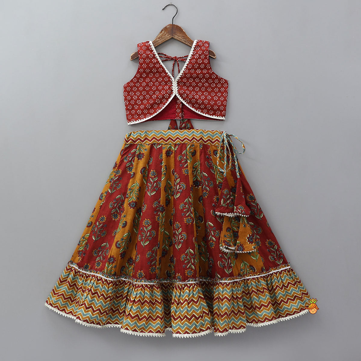 Floral Printed Crop Top With Panelled Flared Lehenga And Dupatta
