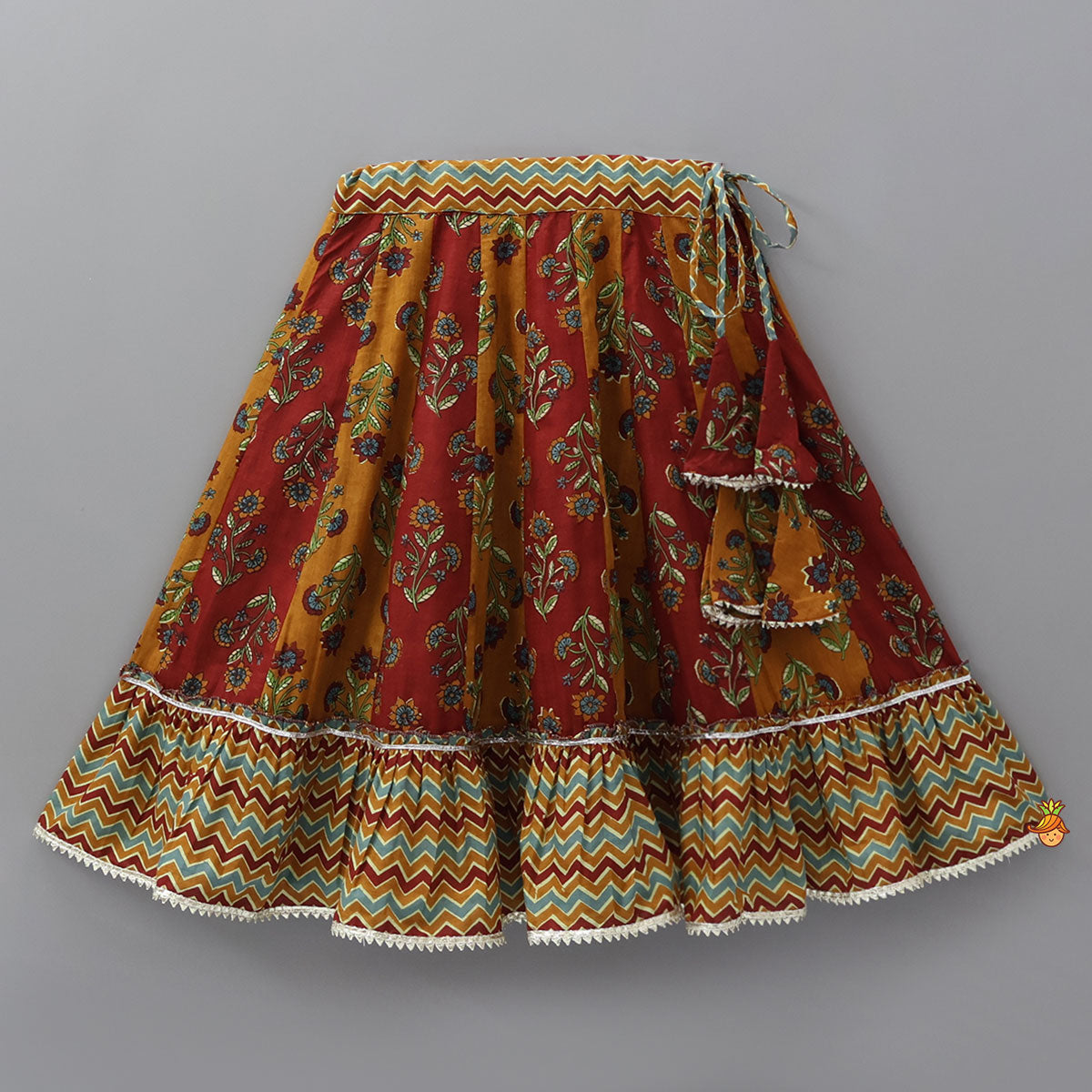 Floral Printed Crop Top With Panelled Flared Lehenga And Dupatta