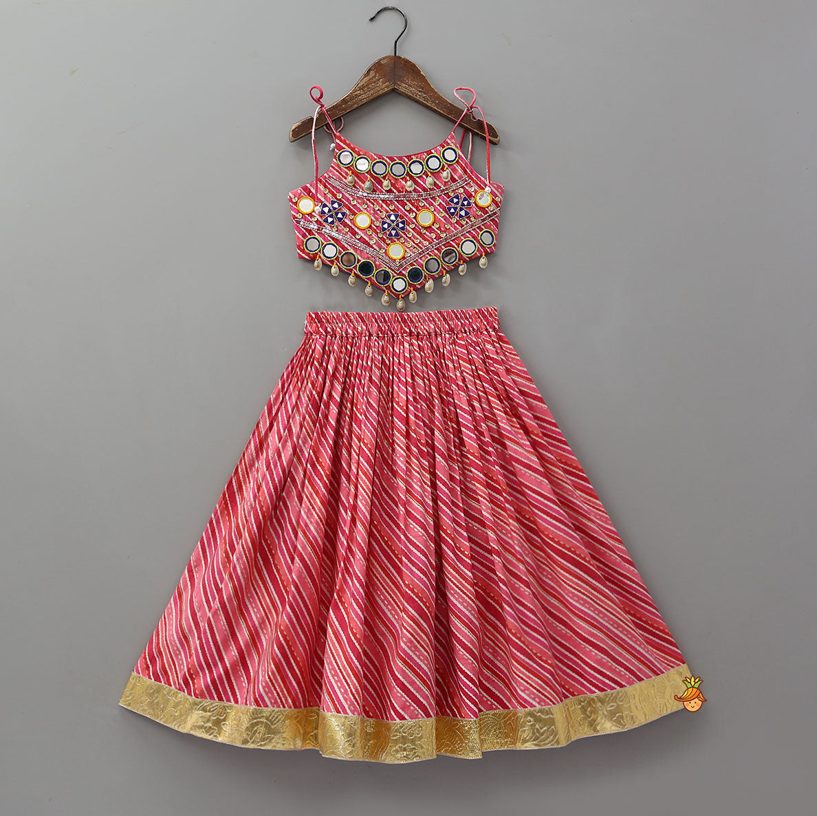 Geometric Mirror Embellished Top With Leheriya Printed Lehenga