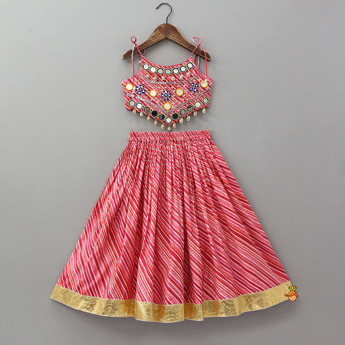 Geometric Mirror Embellished Top With Leheriya Printed Lehenga