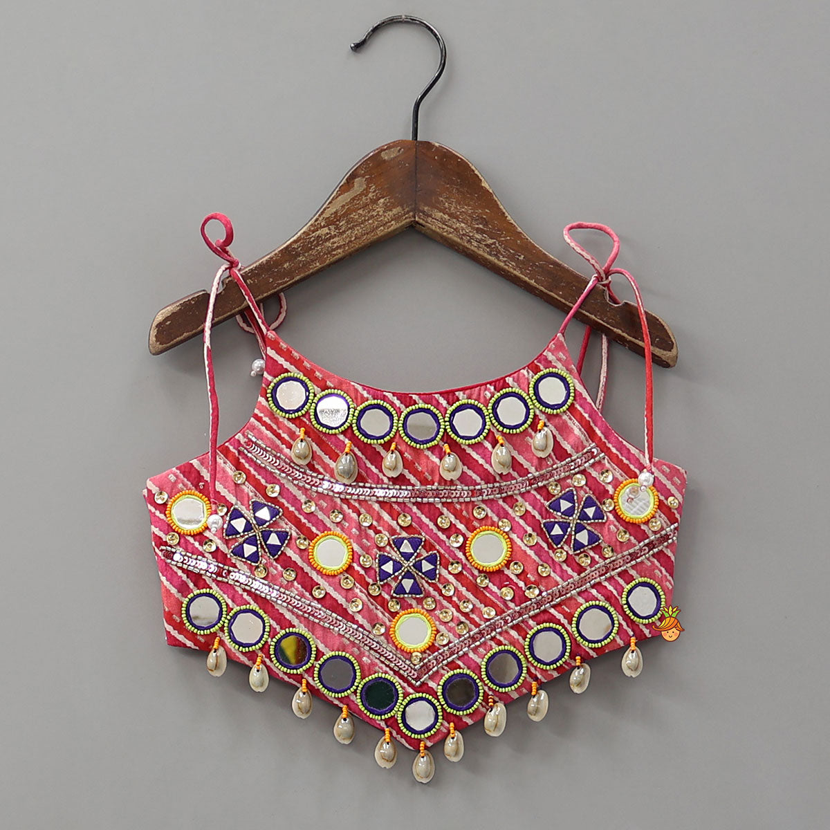 Geometric Mirror Embellished Top With Leheriya Printed Lehenga