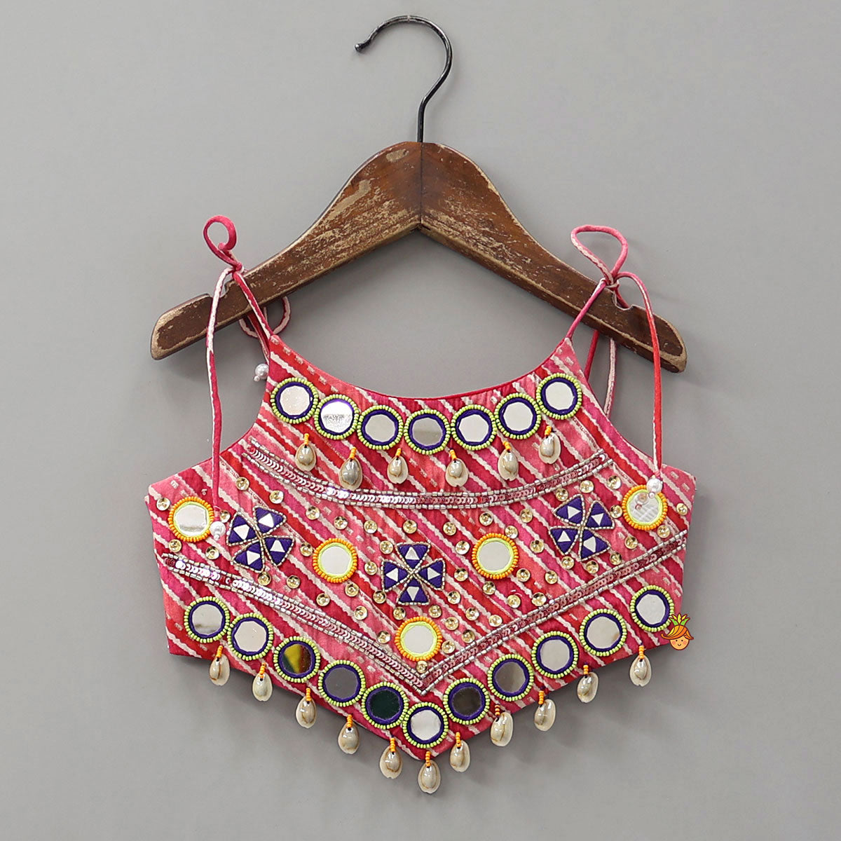 Geometric Mirror Embellished Top With Leheriya Printed Lehenga