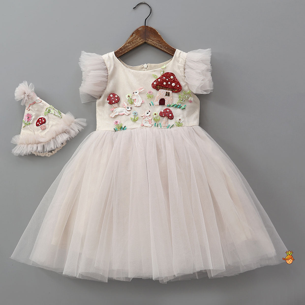 Whimsical Embroidery Tulle Party Dress With Matching Hat
