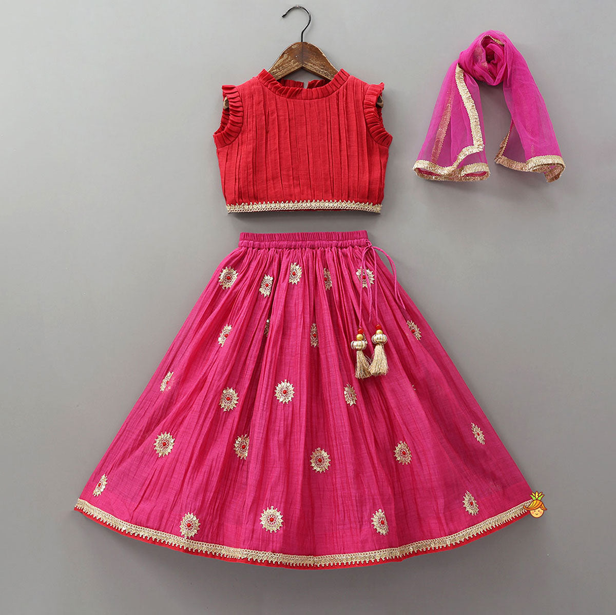 Ruffle Detailed Top With Embellished Flared Lehenga And Dupatta