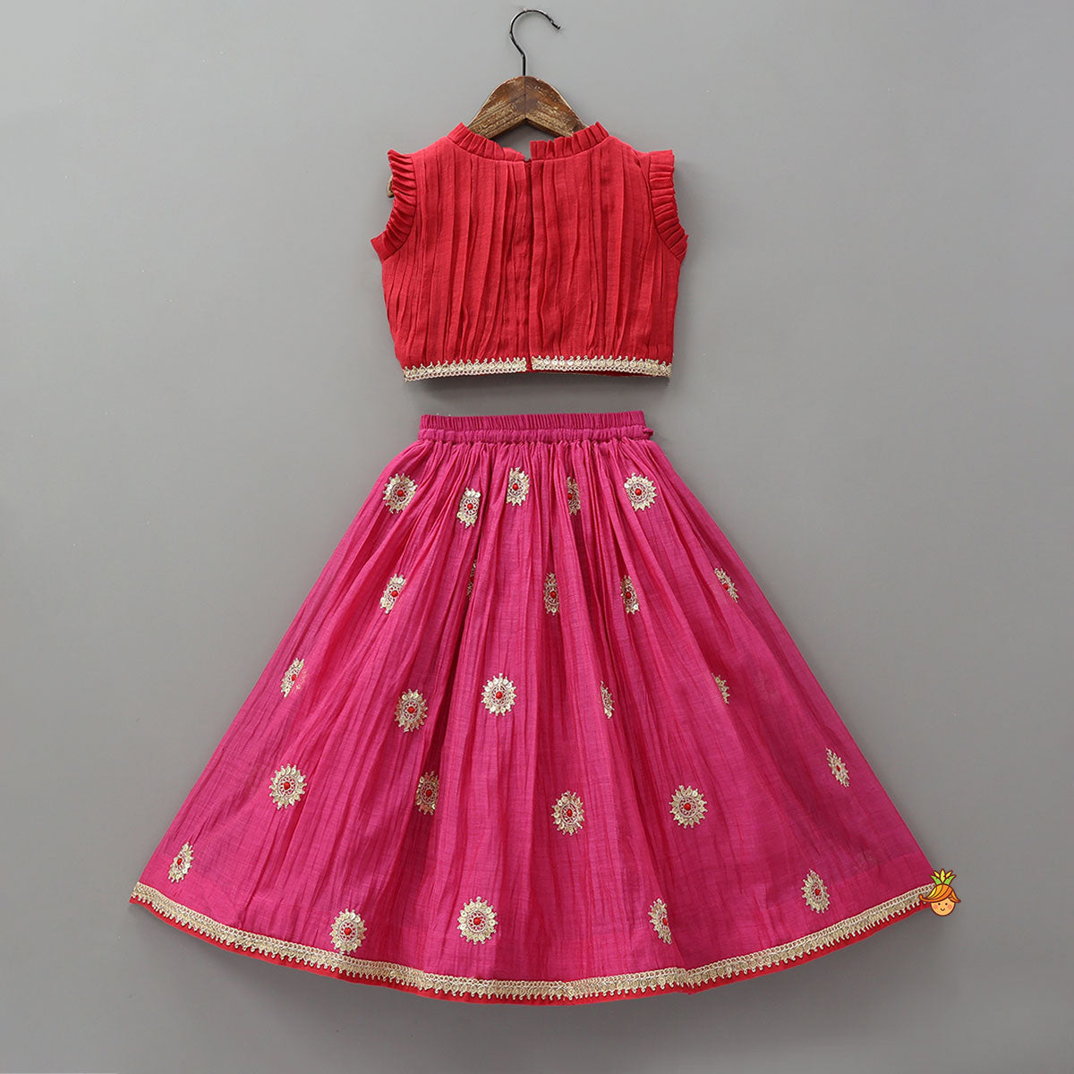 Ruffle Detailed Top With Embellished Flared Lehenga And Dupatta