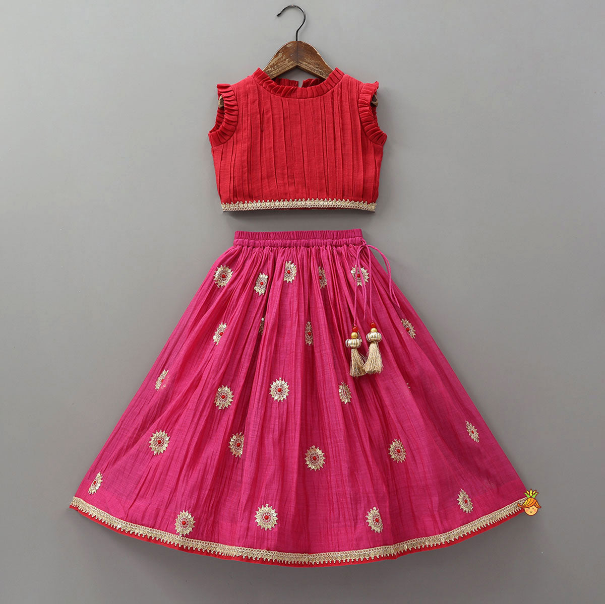 Ruffle Detailed Top With Embellished Flared Lehenga And Dupatta