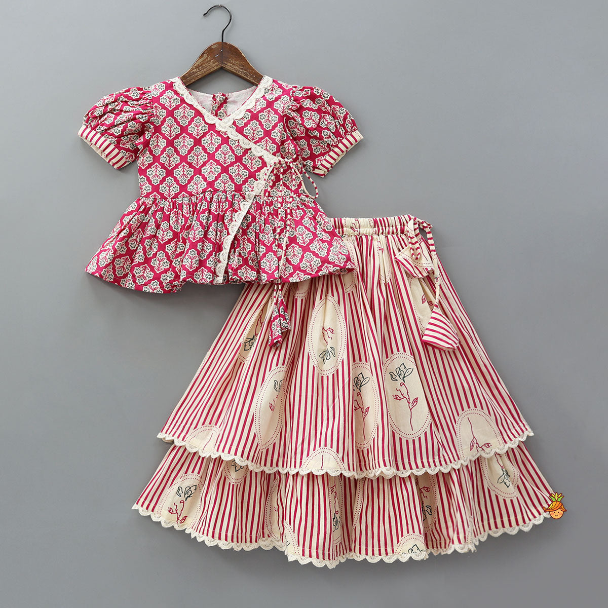 Angrakha Inspired Peplum Top With Tiered Lehenga