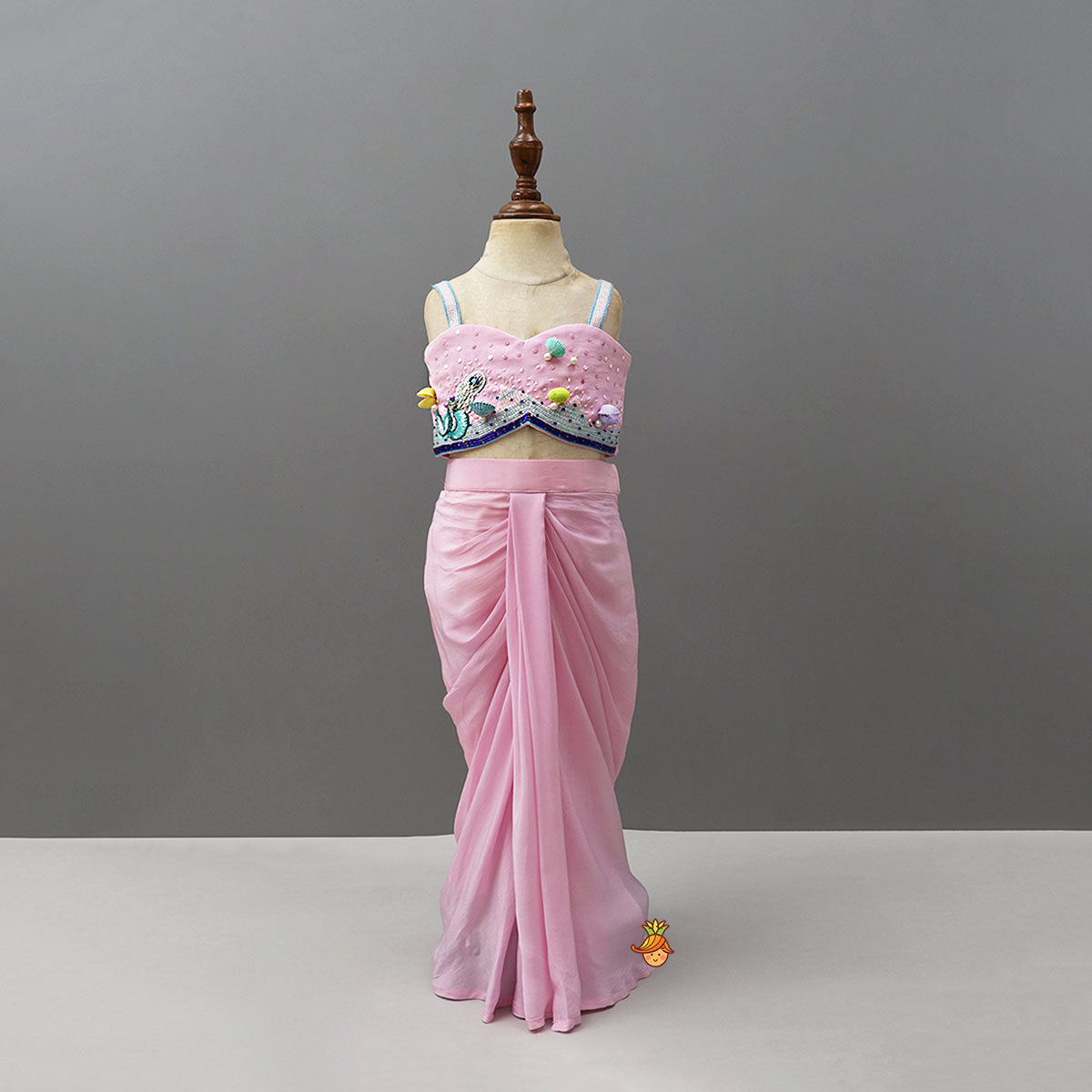 Sea Themed Hand Embellished Strappy Top With Draped Dhoti Skirt
