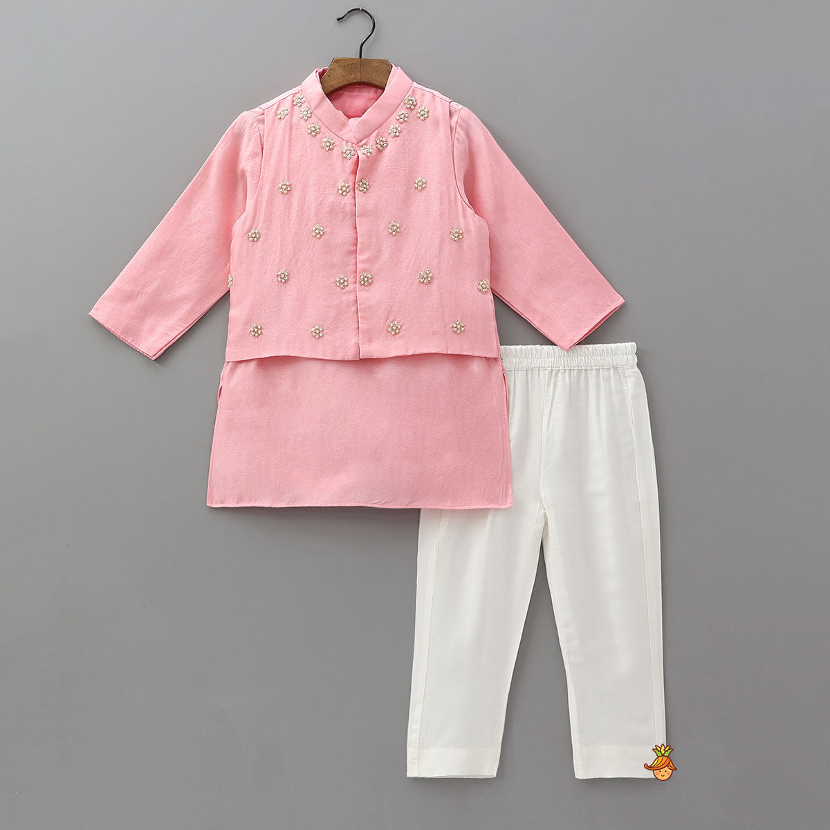 Ethnic Kurta With Floral Hand Embroidered Jacket And Pyjama