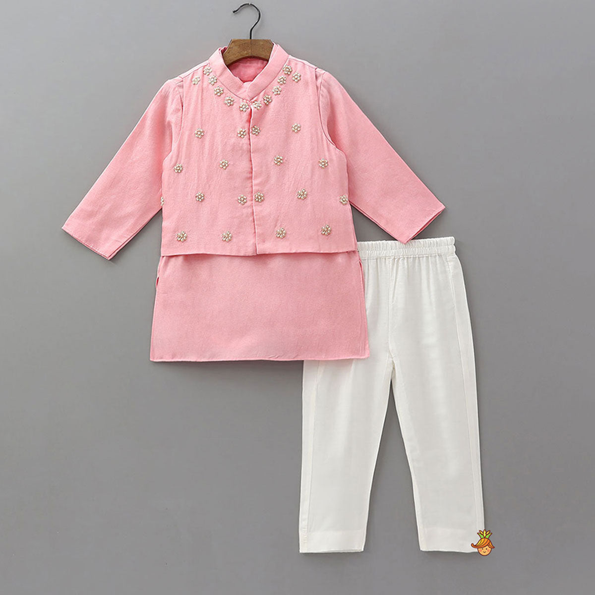 Ethnic Kurta With Floral Hand Embroidered Jacket And Pyjama