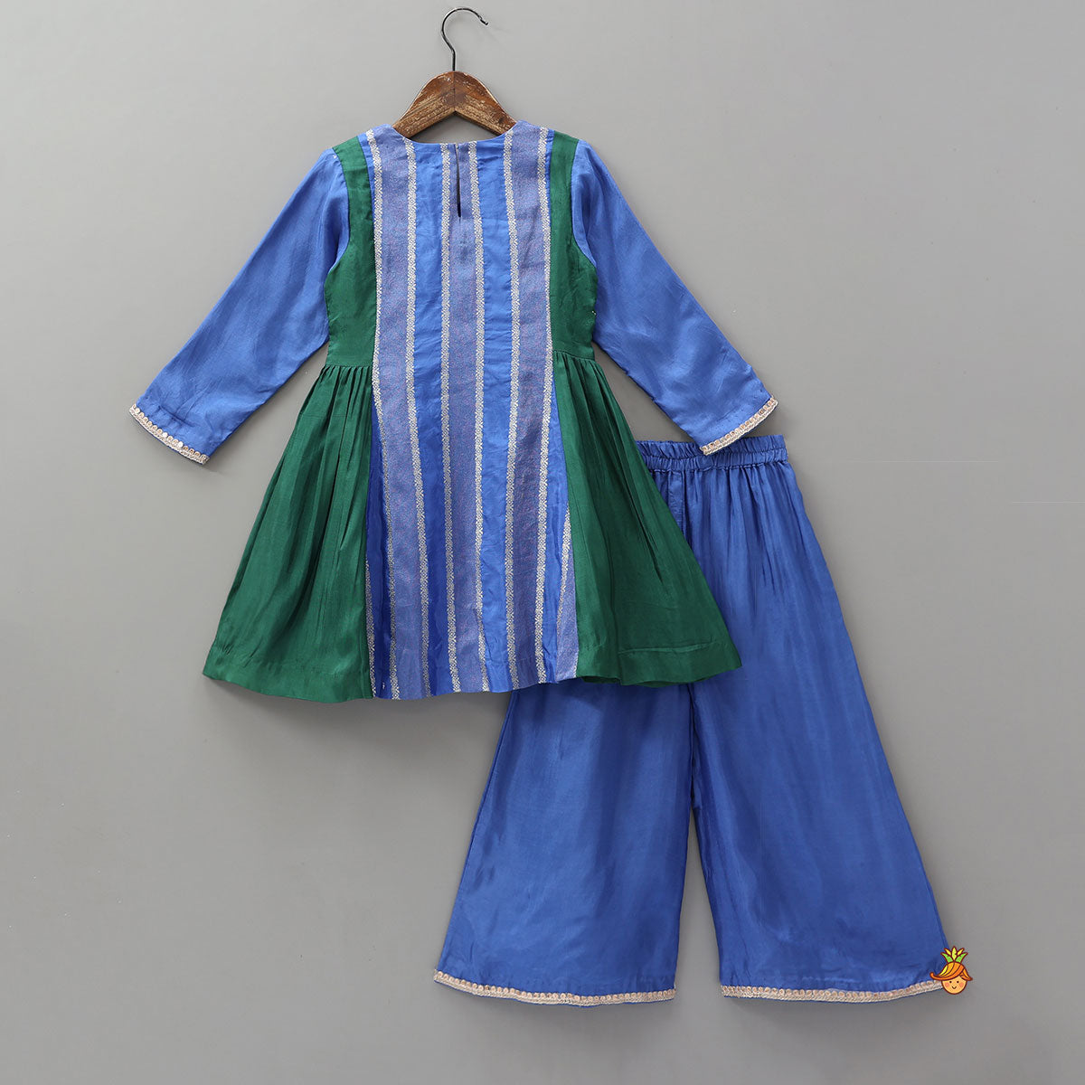 Festive Contrast Panelled Kurti With Flared Palazzo And Dupatta