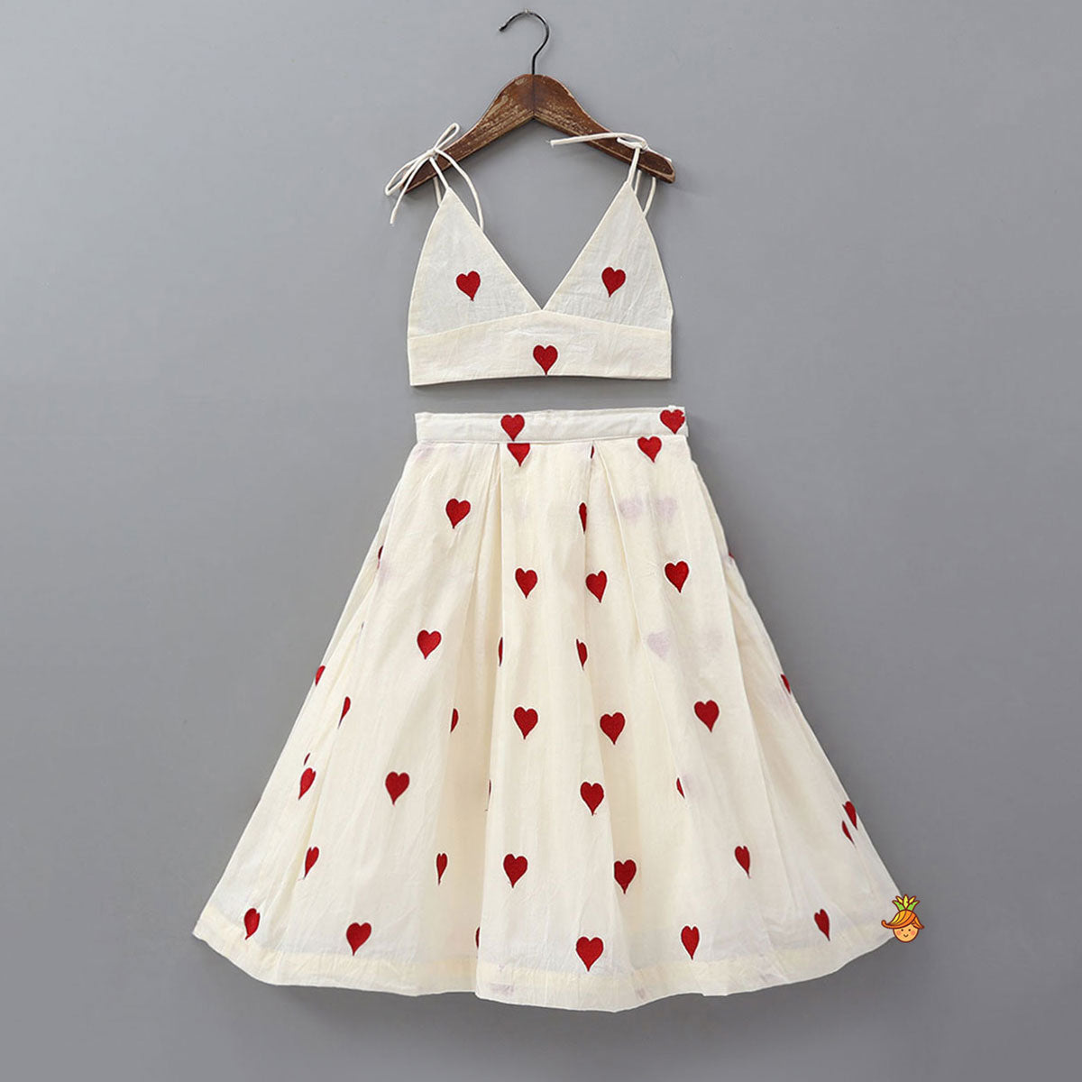 Heart Embroidered Stylish Tie Up Strap Top And Lehenga