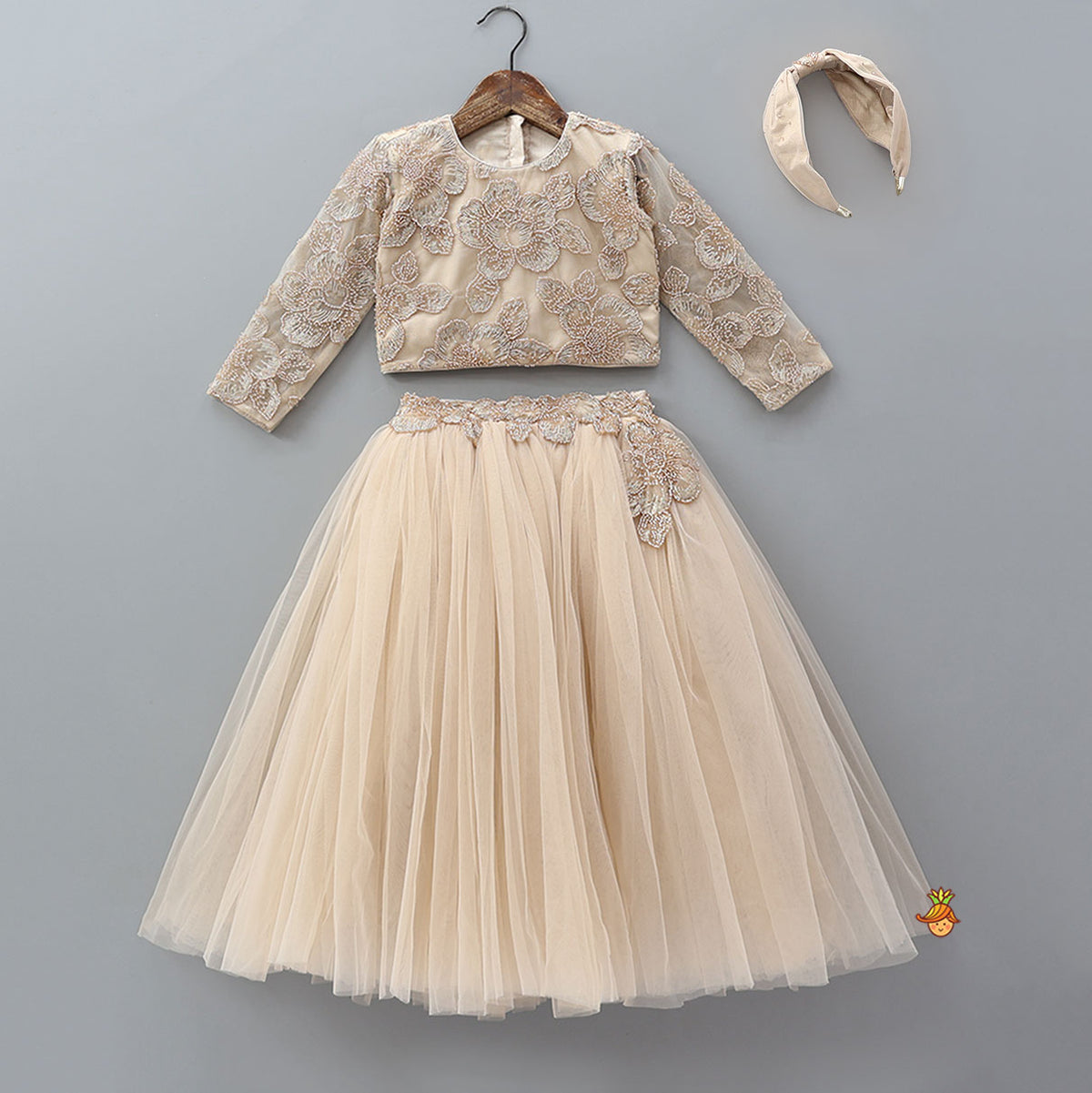 Floral Cutdana Embellished Top With Layered Net Lehenga