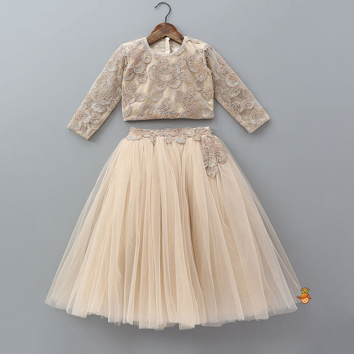 Floral Cutdana Embellished Top With Layered Net Lehenga