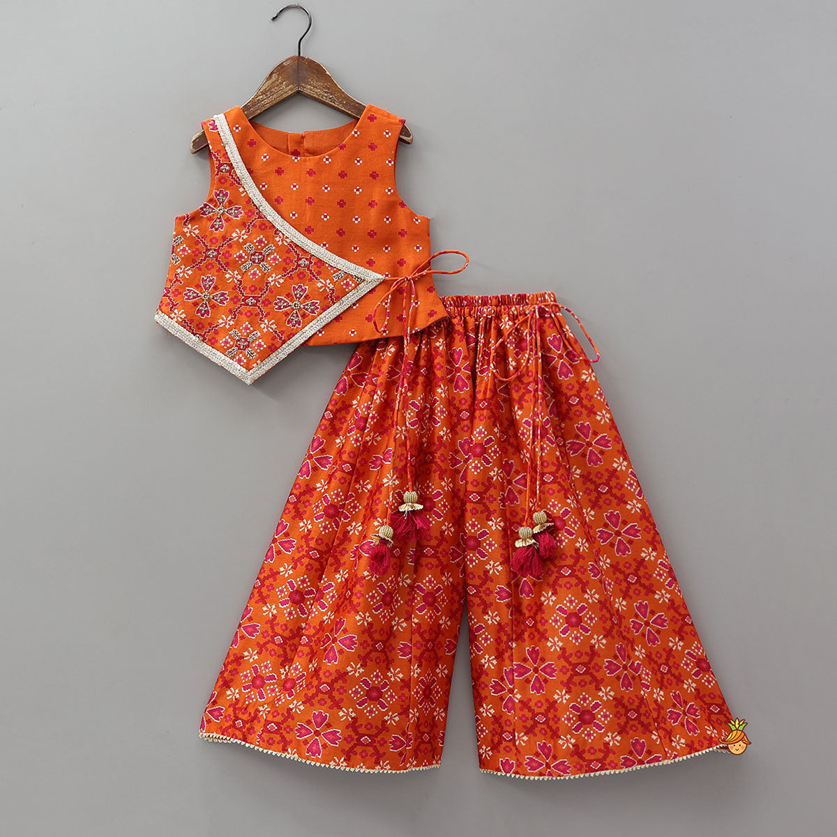 Festive Patola Inspired Angrakha Style Top With Flared Palazzo